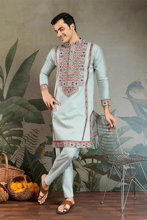 Traditional Sky Blue Embroidered Kurta Pajama Set
