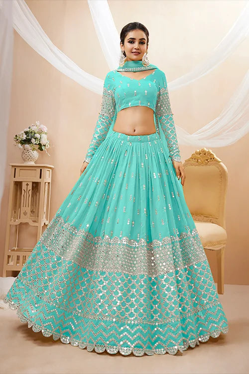 Sky Blue Georgette Embroidered Wedding Lehenga Choli