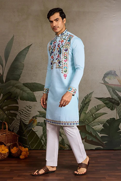 Premium Sky Blue Embroidered Mens Kurta for Celebrations