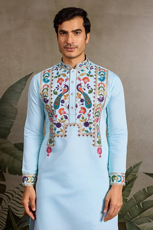 Premium Sky Blue Embroidered Mens Kurta for Celebrations