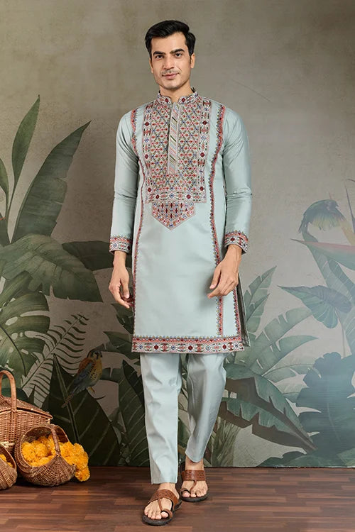 Traditional Sky Blue Embroidered Kurta Pajama Set