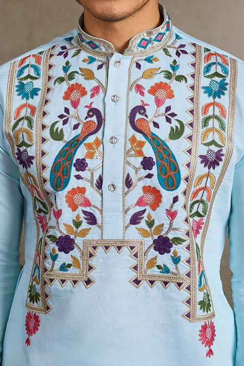 Premium Sky Blue Embroidered Mens Kurta for Celebrations
