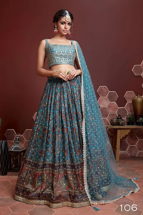 Sky Blue Embroidery Work Silk Wedding Wear Lehenga Choli