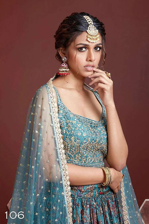 Sky Blue Embroidery Work Silk Wedding Wear Lehenga Choli