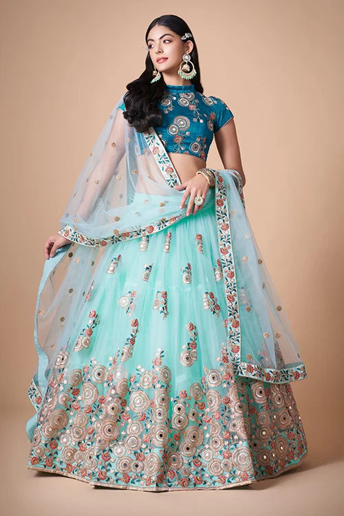 Sky Blue Ethereal Mirror Work Lehenga Choli For Timeless Charm