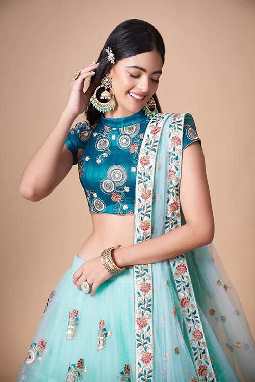 Sky Blue Ethereal Mirror Work Lehenga Choli For Timeless Charm
