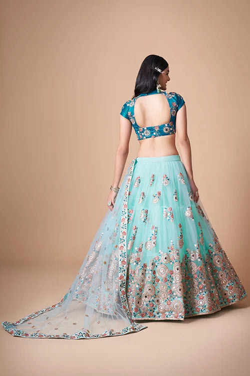 Sky Blue Ethereal Mirror Work Lehenga Choli For Timeless Charm