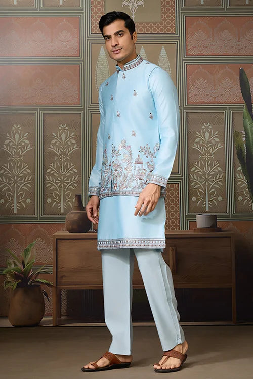 Sky Blue Embroidered Silk Koti Kurta Set for Mens