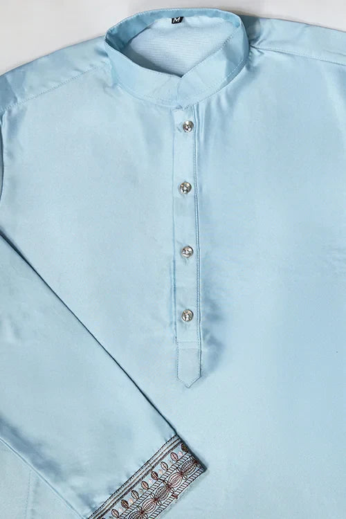 Sky Blue Embroidered Silk Koti Kurta Set for Mens