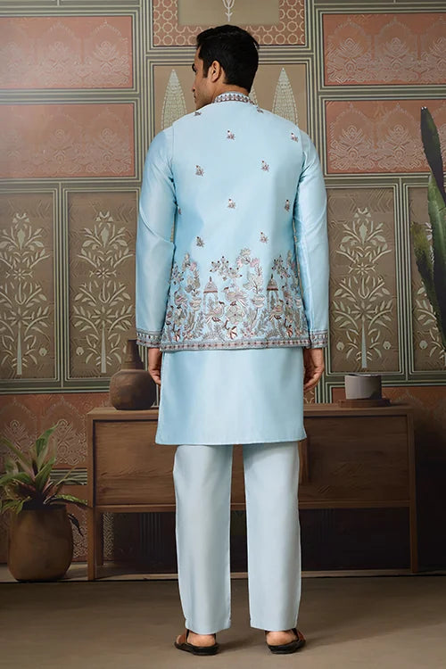 Sky Blue Embroidered Silk Koti Kurta Set for Mens