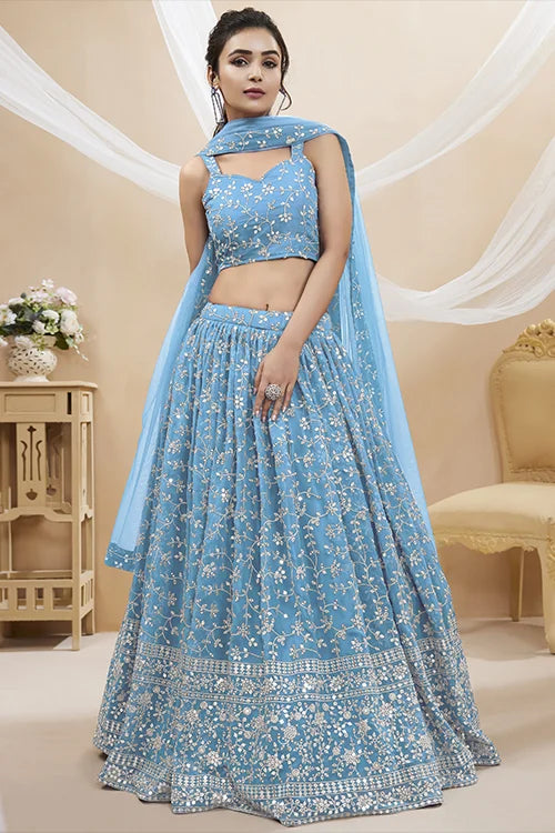 Sky Blue Sequins Georgette Wedding Wear Lehenga Choli