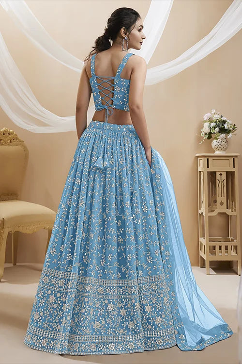 Sky Blue Sequins Georgette Wedding Wear Lehenga Choli