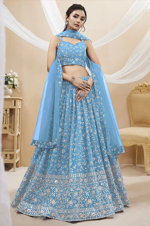 Sky Blue Sequins Georgette Wedding Wear Lehenga Choli