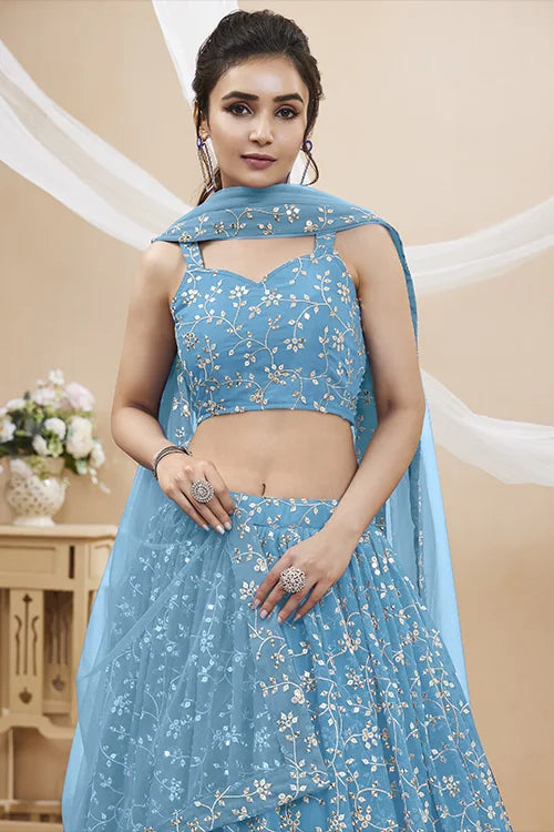 Sky Blue Sequins Georgette Wedding Wear Lehenga Choli