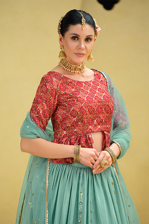 Sky Chinon Silk Sequins Embroidered Work Lehenga Choli
