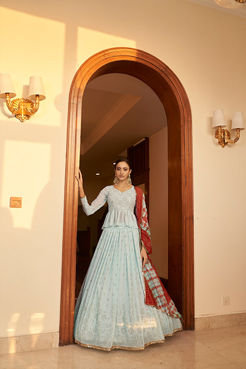 Sky Georgette Embellished Mukaish Work Bridal Lehenga Choli