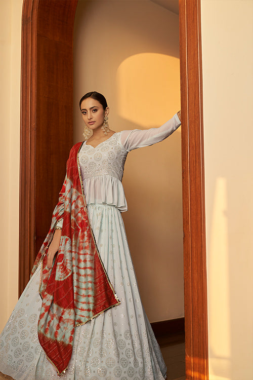 Sky Georgette Embellished Mukaish Work Bridal Lehenga Choli