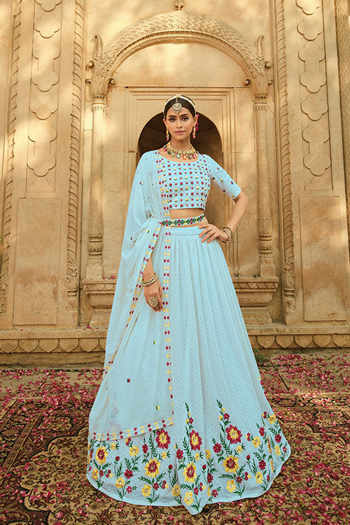 Sky Georgette Thread With Sequins Embroidered Lehenga Choli