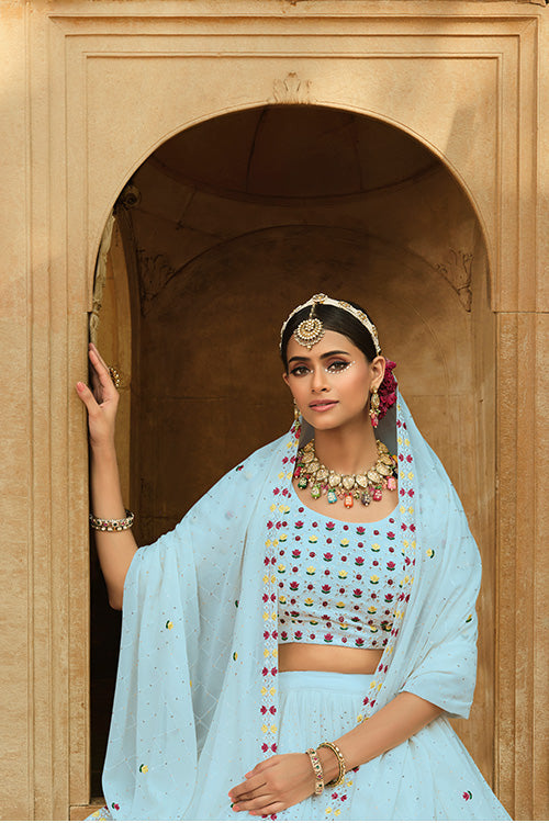 Sky Georgette Thread With Sequins Embroidered Lehenga Choli