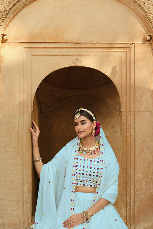 Sky Georgette Thread With Sequins Embroidered Lehenga Choli