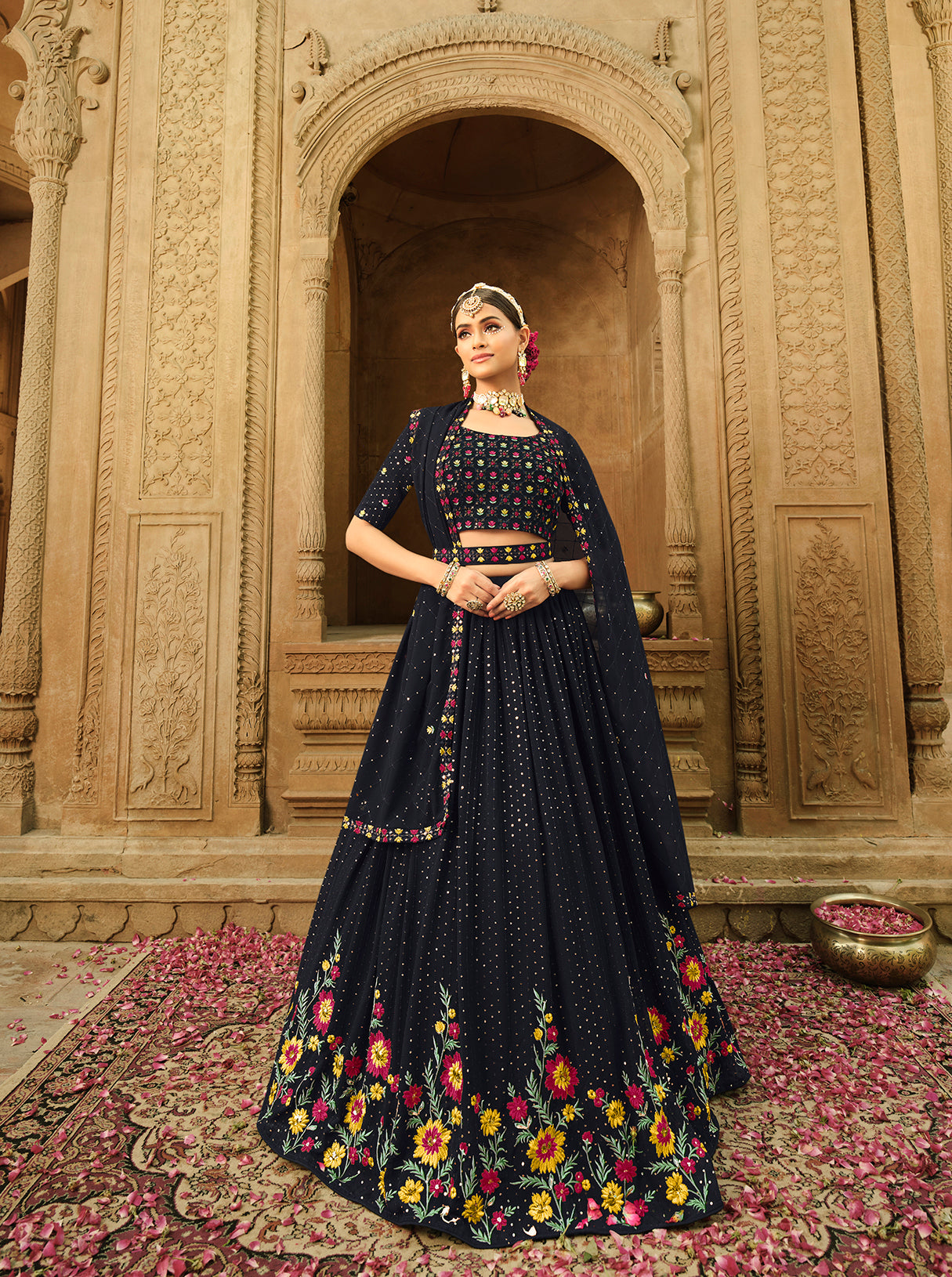 Sky Georgette Thread With Sequins Embroidered Lehenga Choli