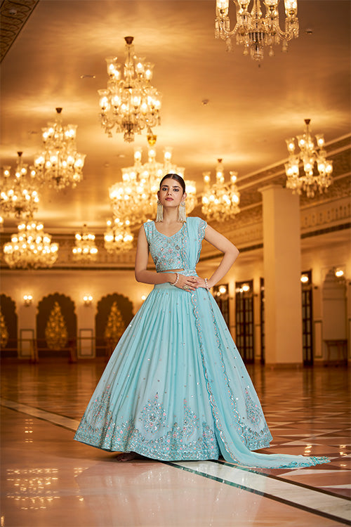 Sky Georgette Thread With Sequins Embroidered Lehenga Choli