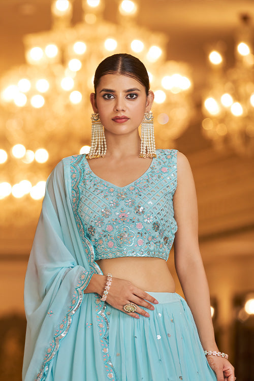 Sky Georgette Thread With Sequins Embroidered Lehenga Choli