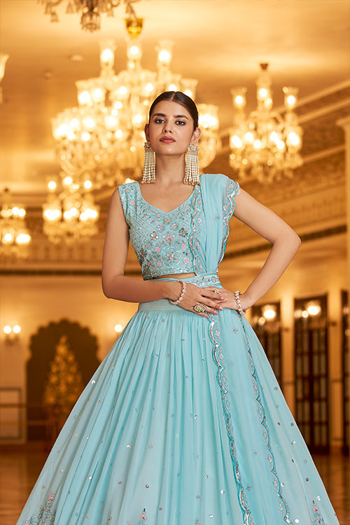 Sky Georgette Thread With Sequins Embroidered Lehenga Choli