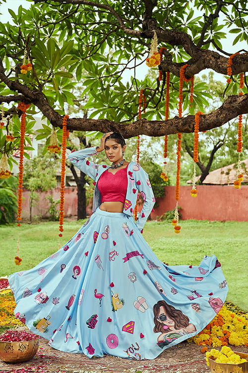Sky Maslin Cotton Digital Printed With Tessals Pasting Work Navratri Lehenga
