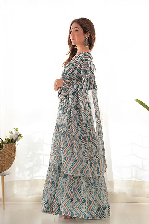 Light Blue Exclusive Gerogette Colorful Zigzag Print Anarkali Gown with Dupatta