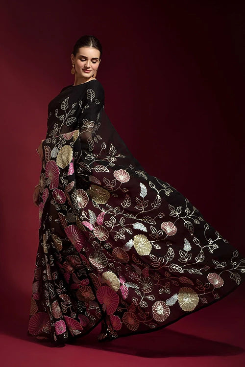 Black Georgette Partywear Saree with Thread Embroidery