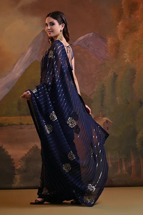 Blue Bollywood Soft Georgette Saree with Sequins Work