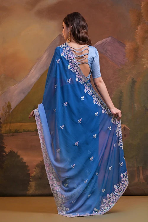 Designer C Pallu Embroidery Saree Online in Blue