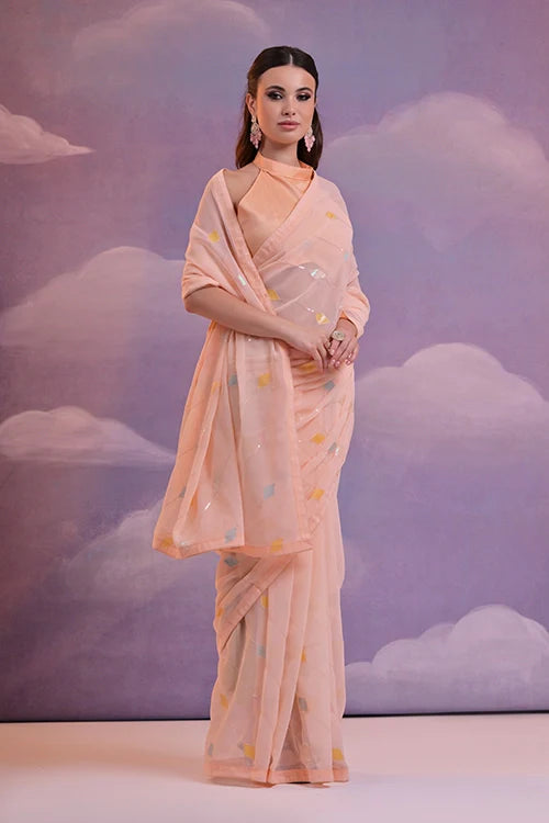 Peach Georgette Saree with Embroidery Sequins Work