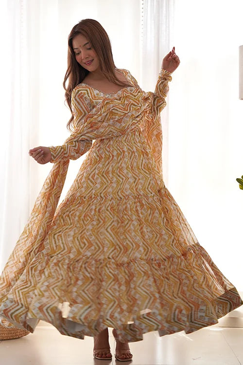 Pure Soft Fox Light Yellow Georgette Zigzag Print Anarkali Set for Women