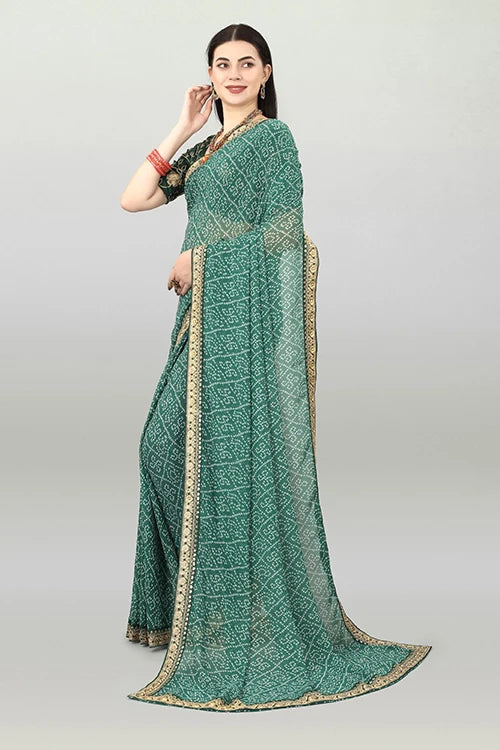 Green Bandhani Georgette Saree with Embroidered Blouse Piece