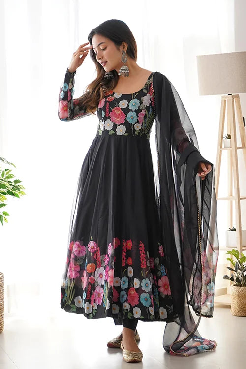 Beautiful Black Organza Anarkali Gown with Dupatta