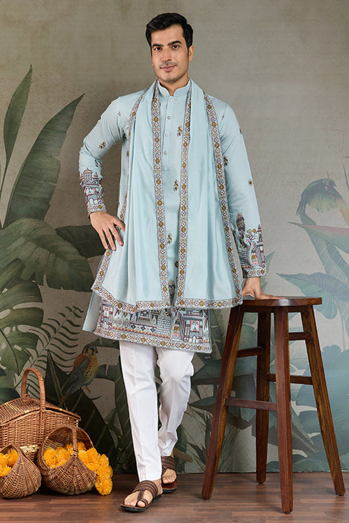 Wedding Special Sky Color Kurta And Dupatta For Men