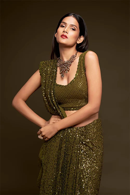 Olive Green Color Bollywood Designer Saree Online | Shop Now
