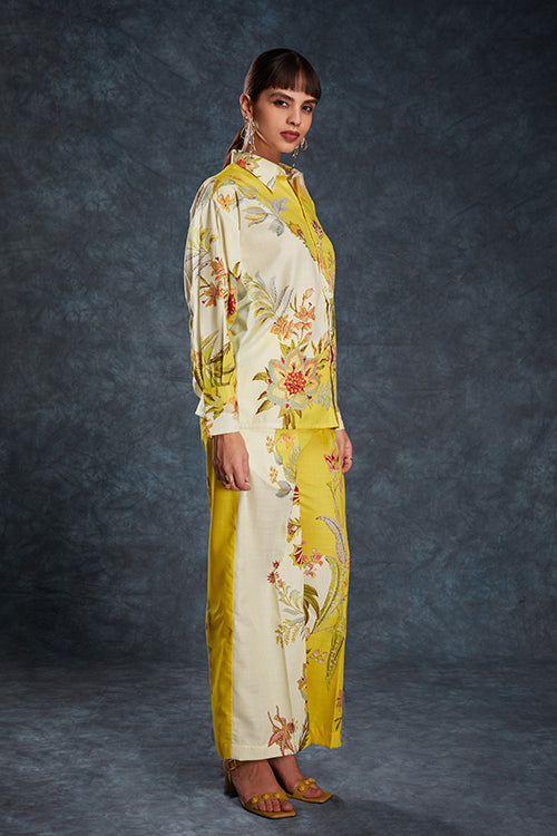 Yellow Linen Print Work Co-Ord Set