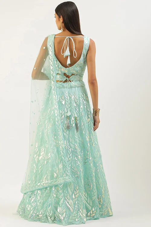 Bollywood Style Blue Lehenga Choli with Thread Embroidery