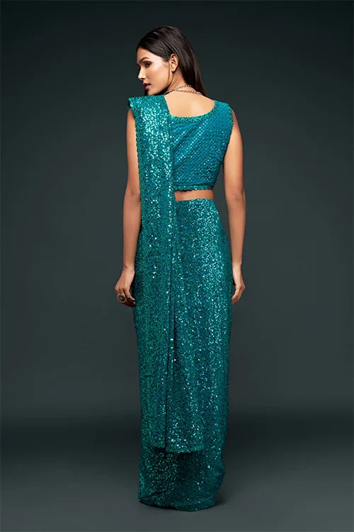 Stunning Teal Blue Sequins Georgette Festival Wear Saree With Blouse