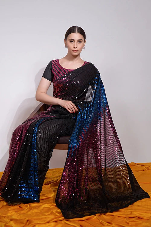 Heavy Georgette Saree with Multicolor Sequence Embroidery