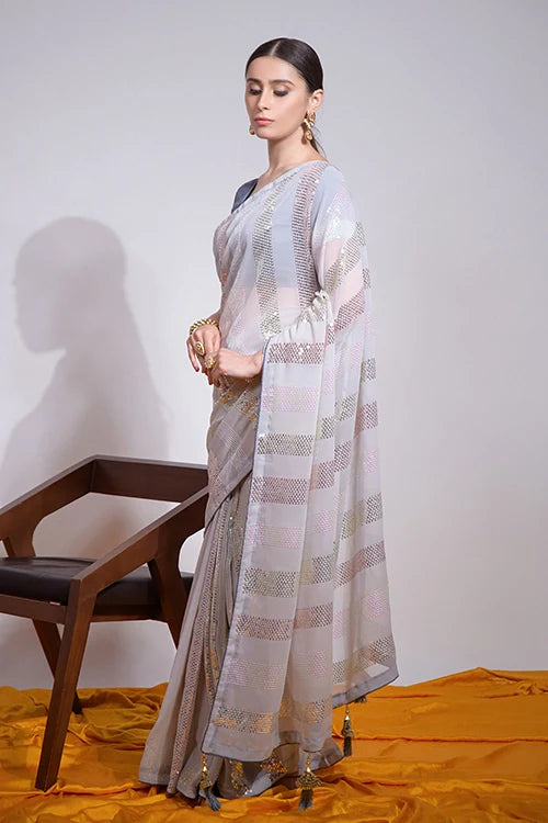 Designer Grey Georgette Saree with Fancy Embroidery