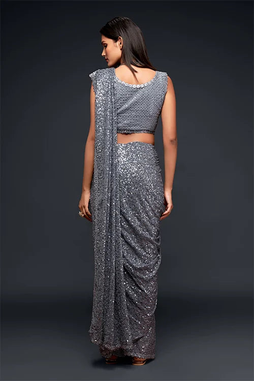 Fabulous Slate Grey Sequined Georgette Party Wear Saree