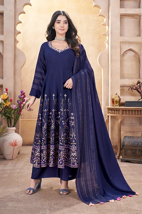 Navy Blue Multi Color Foil Work Wedding Salwar Suit