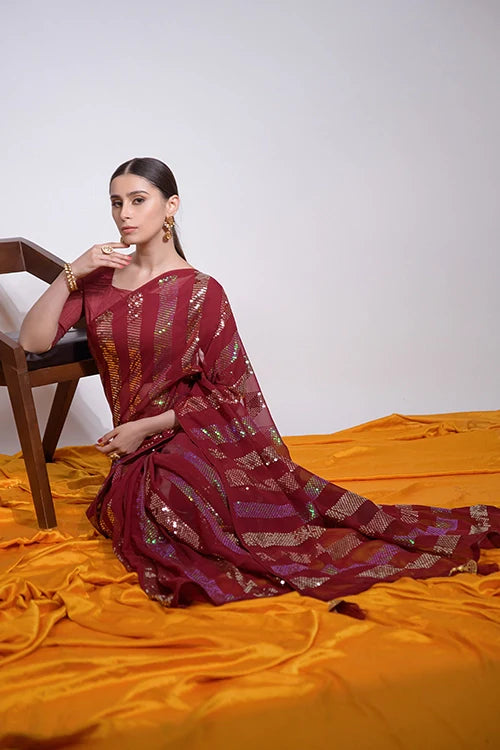 Red Heavy Georgette Saree with Sequins Embroidery Work