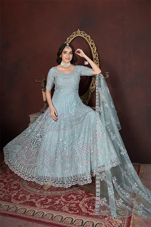 Sky Color Thread Embroidery With Zarkan And Mirror Work Gown