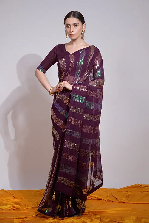 Beautiful Wine Saree with Fancy Embroidery Work