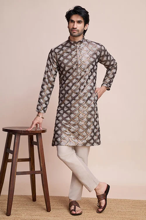 Stylish Beige Men's Kurta with Intricate Thread Detailing